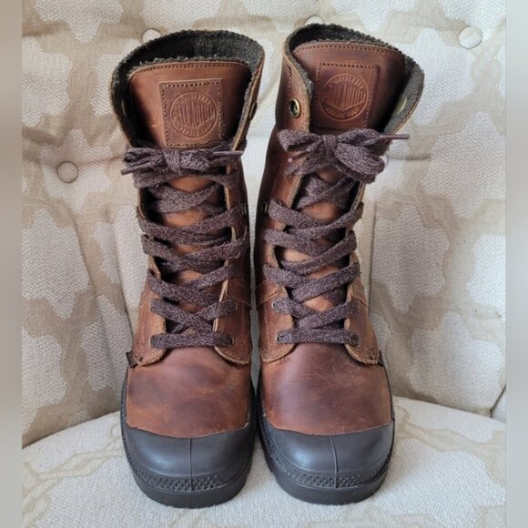 Palladium Pallabrouse Baggy Foldover Leather Boots Felt Lined Lace Up Brown 8.5 - Picture 4 of 14